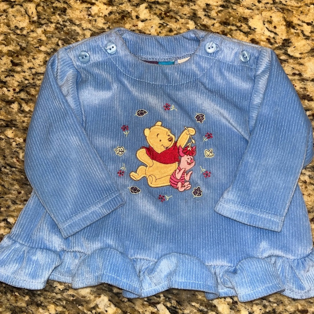 Vintage Disney Baby Winnie the Pooh Top 12 Months Blue Corduroy Ruffle Piglet